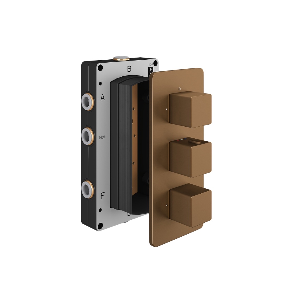 Product Cut out image of the Abacus Square Brushed Bronze 3 Outlet 3 Handle Thermostatic Shower Valve